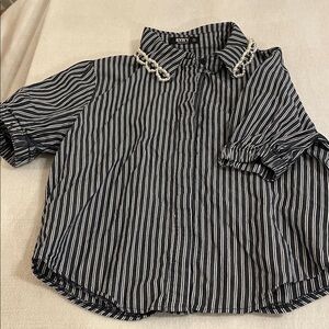 Romy 100% Cotton Navy Blue & White Striped Blouse With Beading Around Collar